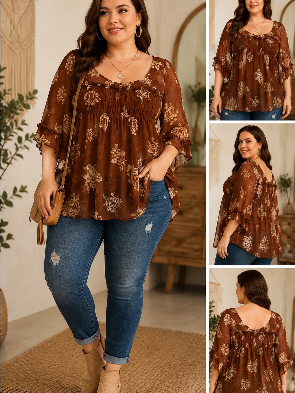 Torrid Brown Floral Sheer Boho Peasant Blouse Flowy Ruffle Sleeve Top Size 2